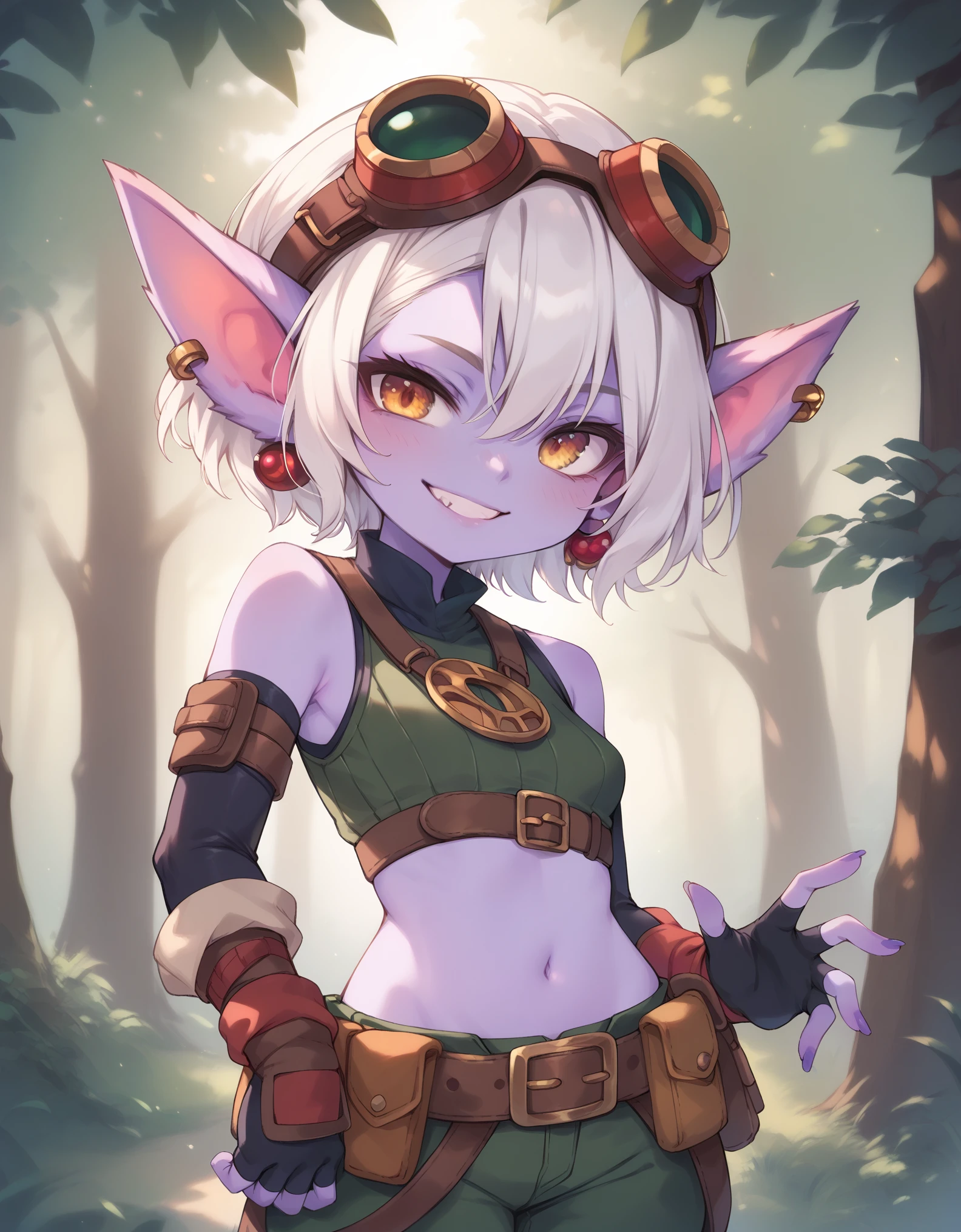 score_9, score_8_up, score_7_up, score_6_up, TristanaLoLXL, yordle, yellow eyes, pointy ears, white hair, short hair, googles on head, purple skin, colored skin. small breasts, jewelry, earrings, crop top, navel, arm sleeves, gloves, fingerless gloves, elbow gloves, green pants, belt, grenade belt, standing, looking at viewer, seductive smile, forest, tree