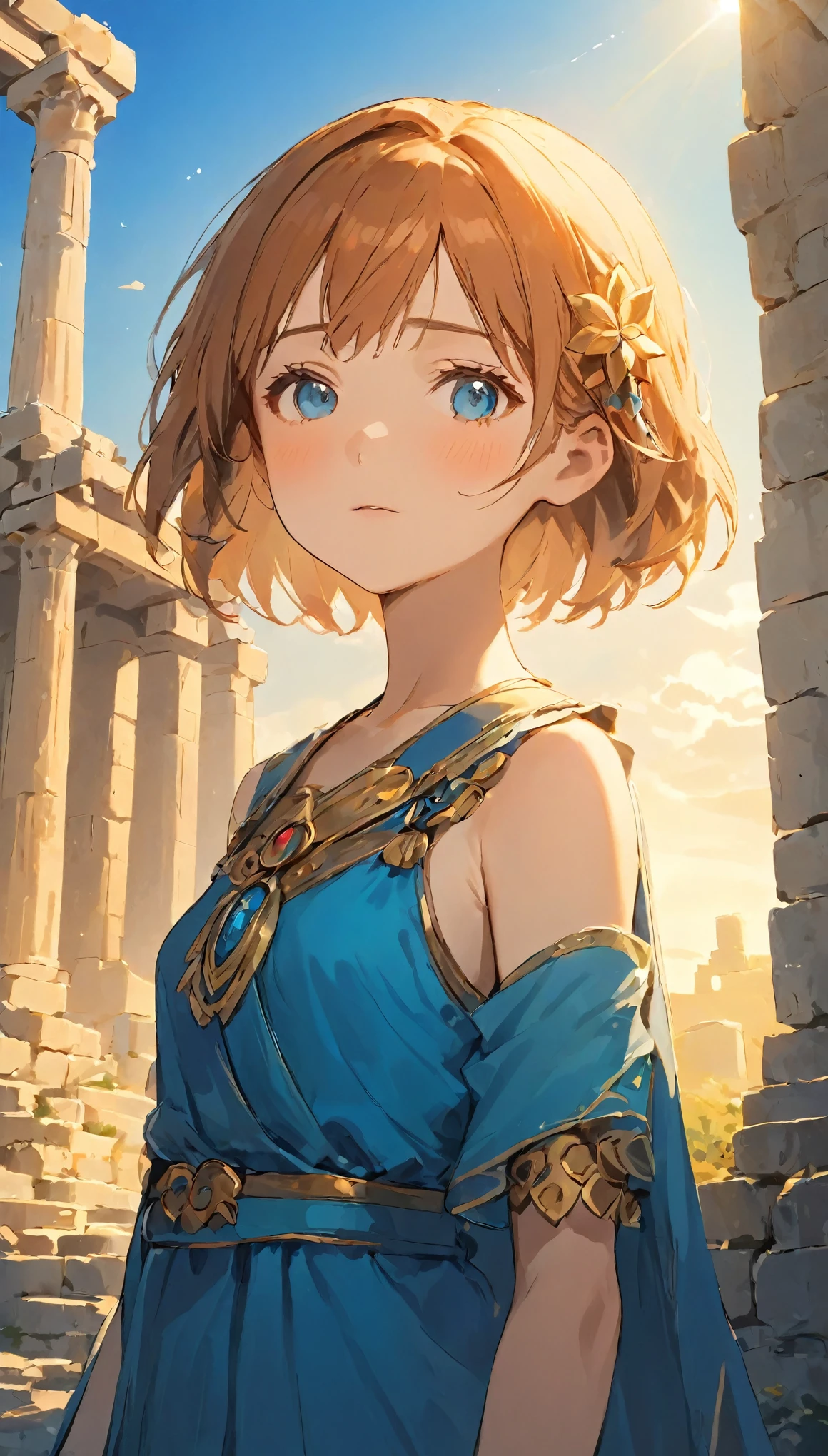 highest quality, Tabletop, High resolution, (((1 girl))), 16 years old,Anime Style、Cute face、Malaise、Small Nose、Fuller lips、Baby Face、Small breasts、Small breasts、Tyndall effect, Shadow Studio, Rim Light, Dual Tone Lighting, masterpiece:1.5、Greek ruins in the background、blue sky、sunny、