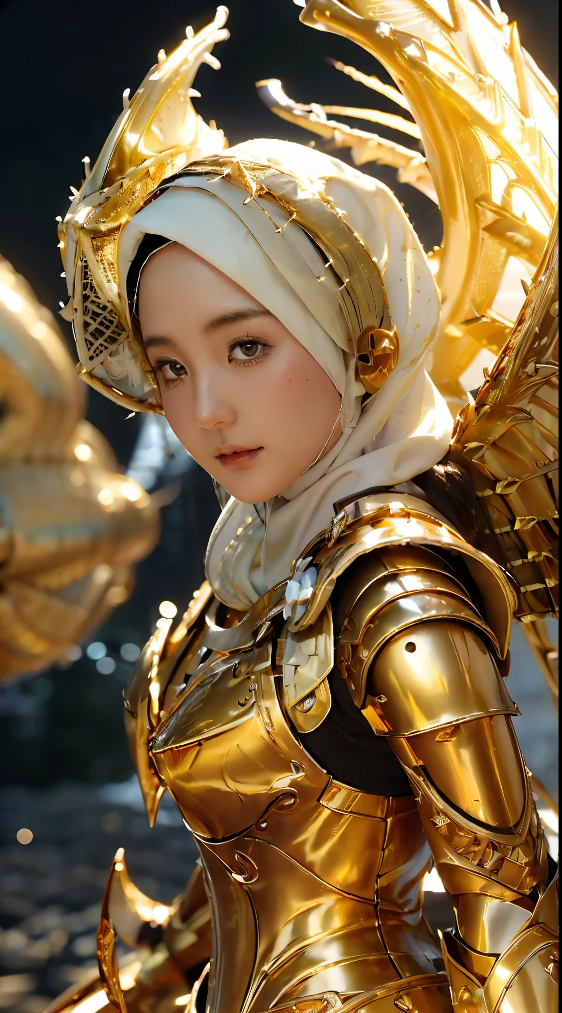 (1 Japan cutes teen with idol style), ((Top  Quality, masterpiece: 1.3)), focusing: 1.2, Perfect body care: 1.4 , (Wearing Hijab:1.2), ((Highly detailed face and skin texture)), Extremely realistic, Ultra detailed, HD, Portrait, 8K, Dressed in white and gold with spread wide big wings, (holding single flaming gold iron swords:1.2), (wearing hijab:1.5), (full iron golden armor:1.5), ornate cosplay, as a mystical valkyrie, the sailor galaxia, beautiful, white and gold priestess robes, anime cosplay, glamourous cosplay, with fiery golden wings, ((full iron trousers armor)), cosplay, professional cosplay, goddess of light, full body angel, cosplayer, perfect makeup, perfect face, beautiful face, beautiful body, arms covered with cloth, thighs covered with cloth, waterfall background, ((body object floating flying in the air:1.2)), foggy, fantasy weather, lightning strikes on either side, dramatic sttudio lighting, The atmosphere looks real, Full body shot, Front angle, ultra realistic, Professional、beautiful detail glow、Depth of bounds written、(((High chroma)))、(((real:1.9)))、((vivid:1.4))、((beautiful skin))、((skin texture))、((Real skin feel))、(((cowboy shot:1.5)))、((Angle seen from the front:1.5)), Front angle shot,