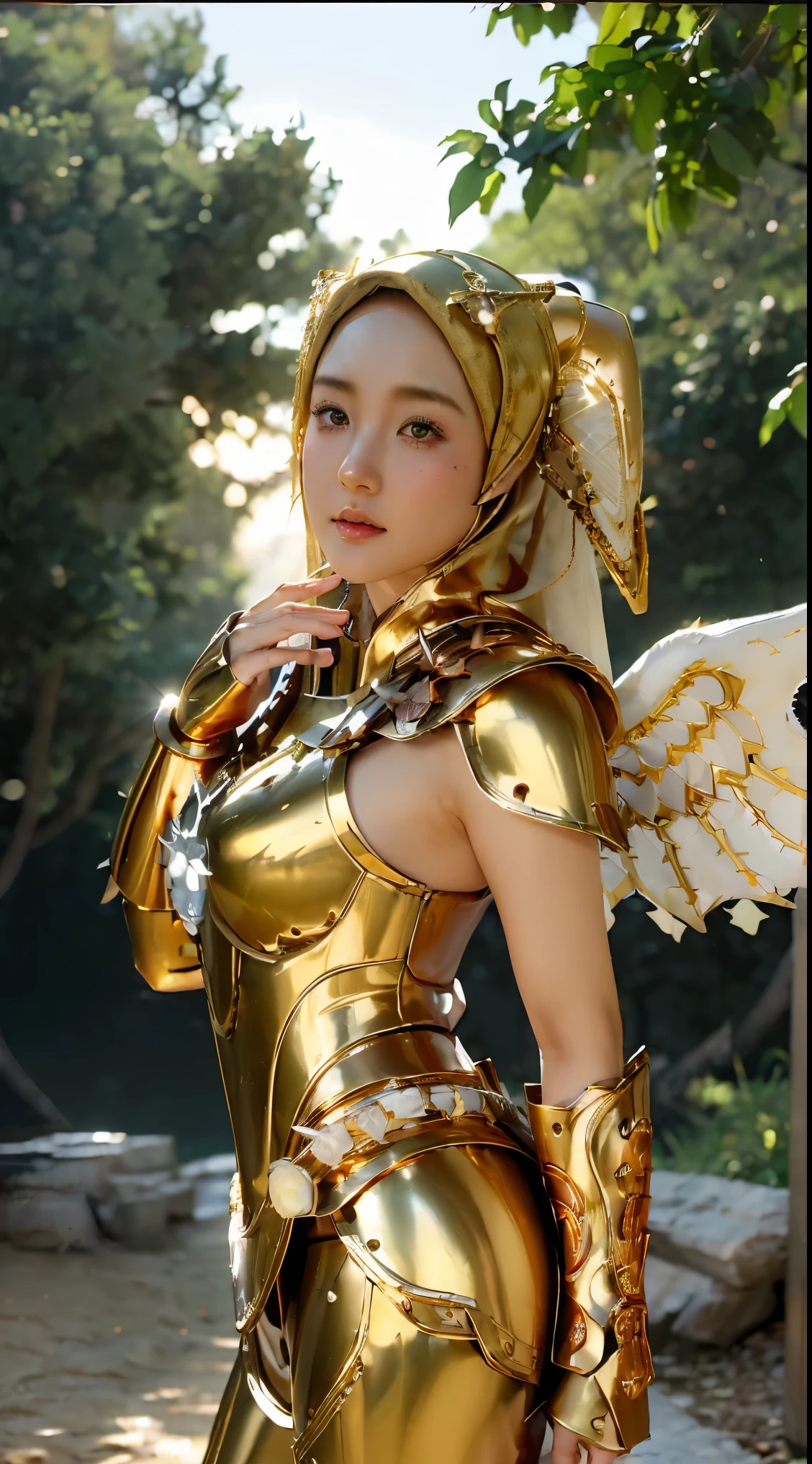 (1 Japón linda adolescente con estilo ídolo), ((Calidad superior, obra maestra: 1.3)), Enfoque: 1.2, Cuidado corporal perfecto: 1.4 , (usando hiyab:1.2), ((Highly detailed face and textura de la piel)), Extremely Realistic, ultra detallado, alta definición, Retrato, 8K, Vestido de blanco y dorado con grandes alas extendidas., (sosteniendo espadas de hierro dorado en llamas:1.2), (usando hiyab:1.5), (armadura dorada de hierro completa:1.5), cosplay adornado, como una valquiria mística, la galaxia marinera, Hermoso, túnicas de sacerdotisa blancas y doradas, cosplay anime, cosplay glamoroso, con ardientes alas doradas, ((armadura completa de pantalones de hierro)), cosplay, cosplay profesional, diosa de la luz, ángel de cuerpo completo, cosplayer, maquillaje perfecto, cara perfecta, Hermoso face, Hermoso body, brazos cubiertos con tela, muslos cubiertos con tela, fondo de cascada, ((cuerpo objeto flotando volando en el aire:1.2)), Neblinoso, clima de fantasía, rayos caen a ambos lados, iluminación dramática del estudio, The atmosphere looks Real, tiro de cuerpo completo, Ángulo frontal, ultra Realistic, Profesional、Hermoso detail glow、Profundidad de los límites escritos、(((croma alto)))、(((Real:1.9)))、((vívido:1.4))、((Hermoso skin))、((textura de la piel))、((sensación de piel real))、(((tiro de vaquero:1.5)))、((Ángulo visto desde el frente:1.5)), Ángulo frontal shot,