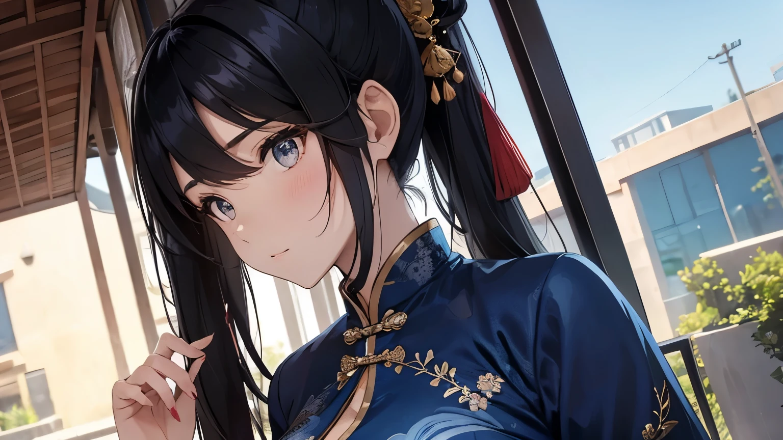 Uma mulher bonita em um vestido chinês azul　manga comprida　China　Rabo de cavalo preto com enfeite de cabelo　tronco　seios grandes