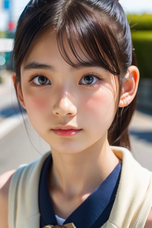 (美しい16歳の日本人女性), かわいい顔, (深く彫られた顔:0.7), (そばかす:0.6), やわらかい光,健康的な白い肌, シャイ, ポニーテール, (真剣な顔), (キラキラした目), 薄い