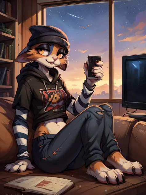 (best quality, masterpiece:1), solo, (shaded face:1.2), furry female anthro meowskulls, (noseless:1.1), sitting on couch, living room, tv, videogames, tail, medium breasts, bored, looking away, cute pose, closed mouth, (mocking smile), (shivering:1.2), hal...