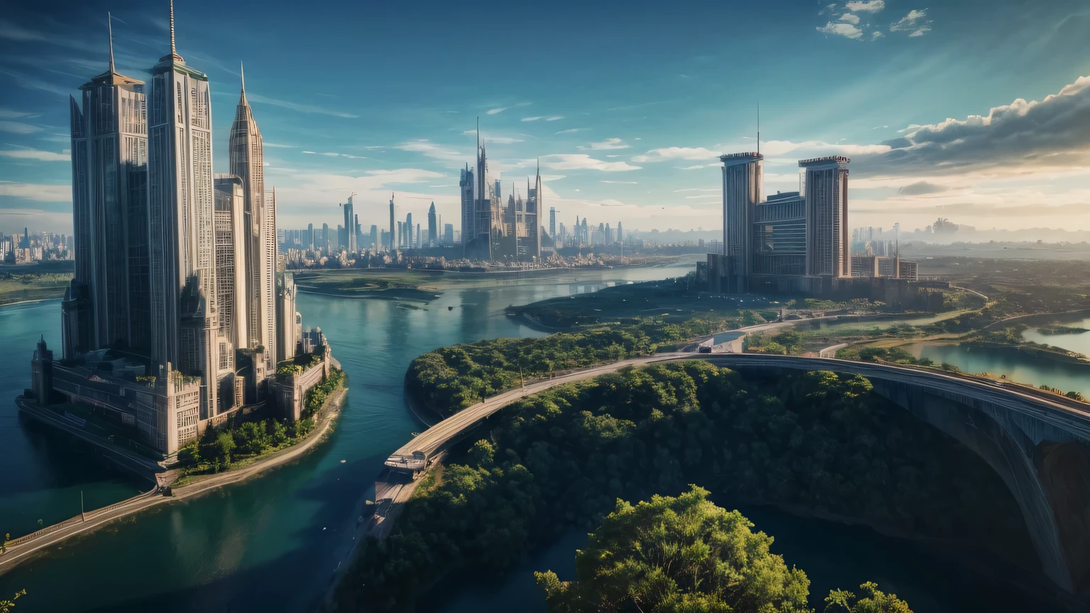 D&#39;immenses châteaux et gratte-ciel flottant dans les airs Monde fantastique Cyberpunk Top qualité ultra haute définition utopie 8K Cascades géantes nature