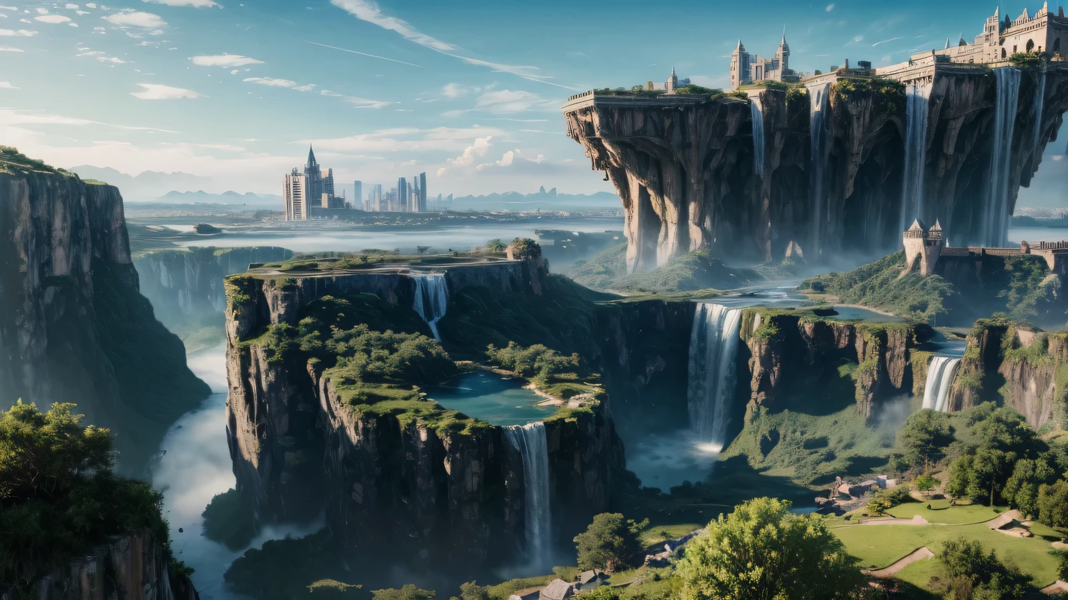 D&#39;immenses châteaux et gratte-ciel flottant dans les airs Monde fantastique Cyberpunk Top qualité ultra haute définition utopie 8K Cascades géantes nature