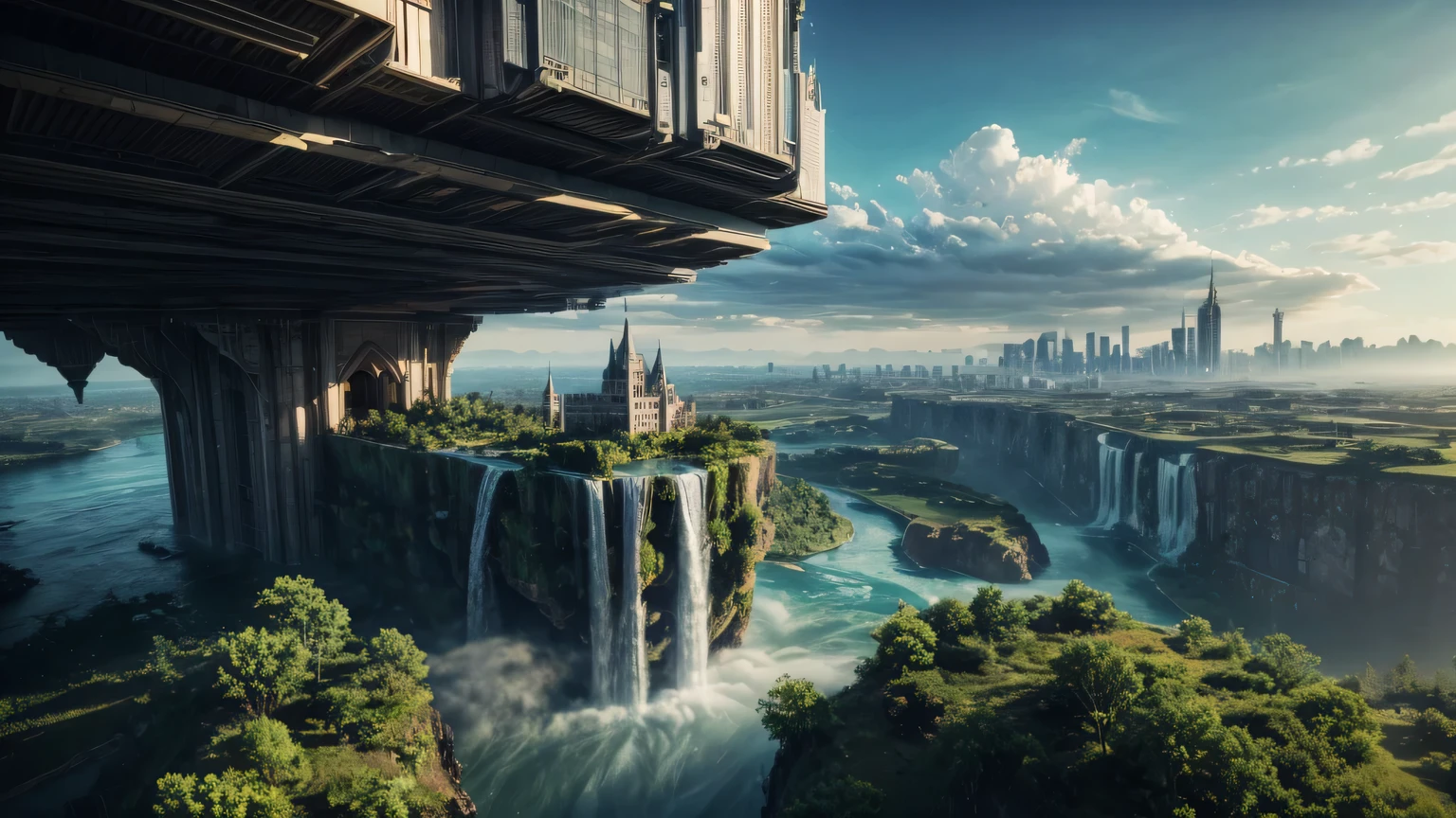 D&#39;immenses châteaux et gratte-ciel flottant dans les airs Monde fantastique Cyberpunk Top qualité ultra haute définition utopie 8K Cascades géantes nature