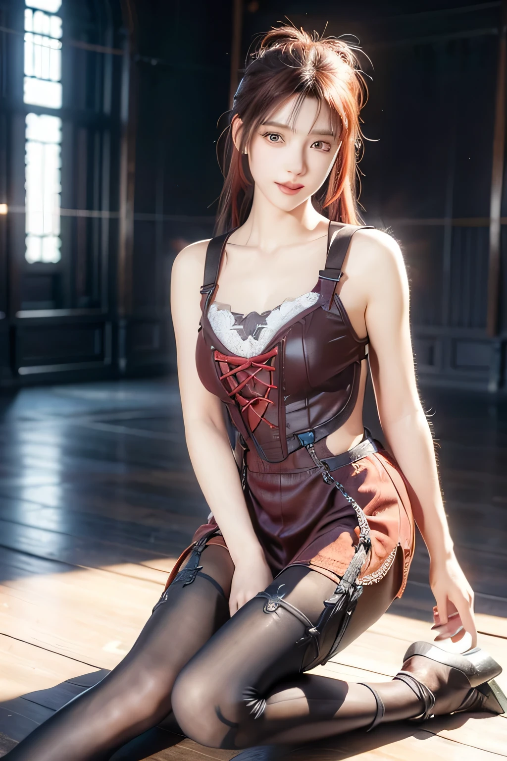 An innocent 20-year-old girl, (Lace-Up red Suspender Tights:1.5), (high heels), (Dramatic Pose),smile, (High Ponytail),natural Park、RAW Photos, (8k, highest quality, masterpiece:1.2), (Intricate details:1.4)、(Photorealistic:1.4), Octane Rendering, Complex 3D rendering with ultra-detail, Studio Soft Light, Rim Light, Vivid details, Super Detail, Realistic skin texture, Detailed aspect, Beautiful details in the eyes, Highly detailed CG Unity 16k wallpaper, compensate, (Detailed Background:1.2), Glowing Skin, whole body, ((thin legs)), small waist, Cleavage, (looking at viewer:1.2)