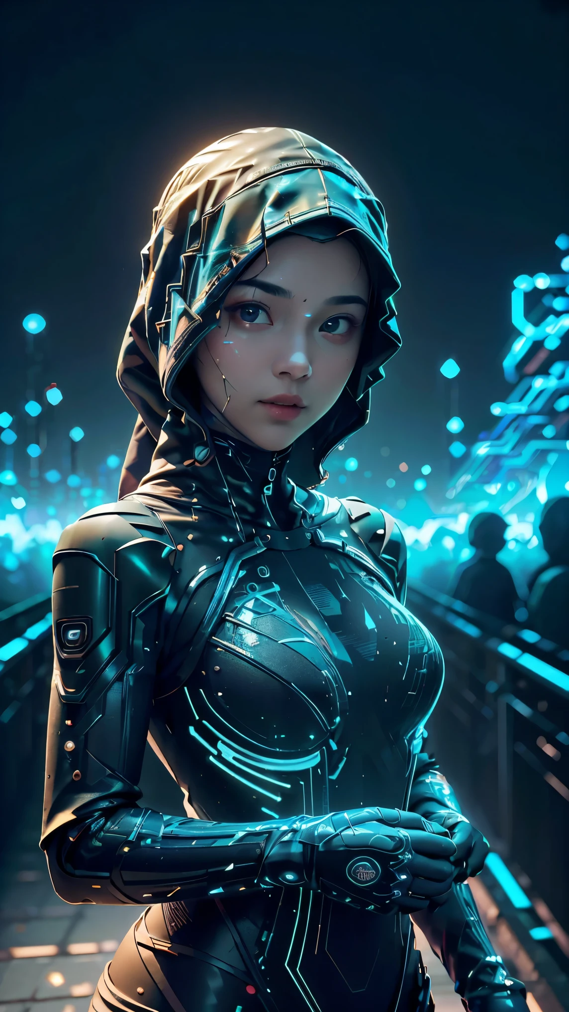 ((Best quality)), ((masterpiece)), (detailed:1.4), 3D, a beautiful cyberpunk female figure with VAIL or HIJAB, (full-coverage electronic leather suit), light particles, pure energy chaos anti-technology, HDR (high dynamic range), ray tracing, NVIDIA RTX, Super-Resolution, Unreal 5, Subsurface scattering,PBR Texturing,Post-processing,Anisotropic Filtering,Depth-of-field,Maximum clarity and sharpness,Multi-layered textures,Albedo and Specular maps,Surface shading, Accurate simulation of light-material interactions, perfect proportions, Octane Render, two-tone lighting, large aperture, low ISO, white balance, rule of thirds, 8K RAW, background in Prambanan Temple Indonesia