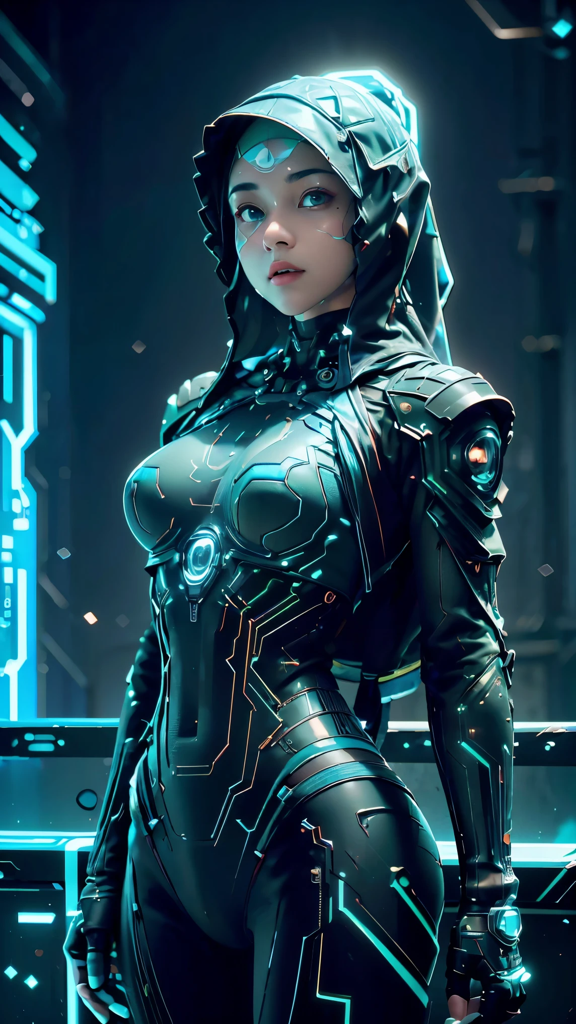 ((Best quality)), ((masterpiece)), (detailed:1.4), 3D, a beautiful cyberpunk female figure with VAIL or HIJAB, (full-coverage electronic leather suit), light particles, pure energy chaos anti-technology, HDR (high dynamic range), ray tracing, NVIDIA RTX, Super-Resolution, Unreal 5, Subsurface scattering,PBR Texturing,Post-processing,Anisotropic Filtering,Depth-of-field,Maximum clarity and sharpness,Multi-layered textures,Albedo and Specular maps,Surface shading, Accurate simulation of light-material interactions, perfect proportions, Octane Render, two-tone lighting, large aperture, low ISO, white balance, rule of thirds, 8K RAW, background in Prambanan Temple Indonesia