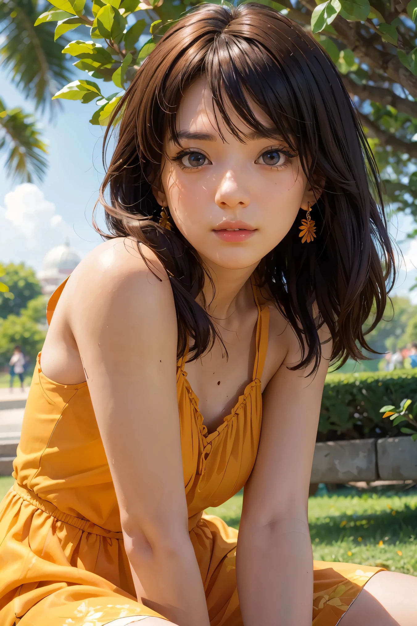 eine Frau, im Park, sonniger Tag, oranges Sommerkleid, roh, UHD, 8K, (closeup:1.1), Kopf, sehr detailliertes Gesicht, Atemberaubende Augen