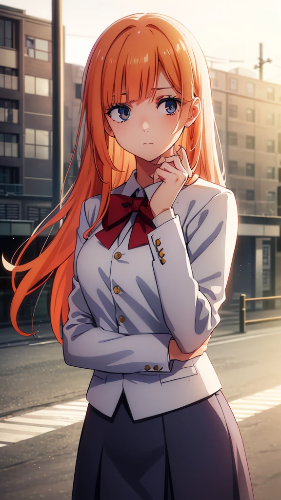  gray skirt, white long sleeve blouse, red bow, orange hair, green blazer, green eyes, high quality, anime, school graffiti in the background.
break (masterpiece:1.2), highest quality, High resolution, unity 8k wallpaper, (shape:0.8), (fine and beautiful eyes:1.6), highly detailed face, perfect lighting, Very detailed CG, (perfect hands, perfect anatomy),