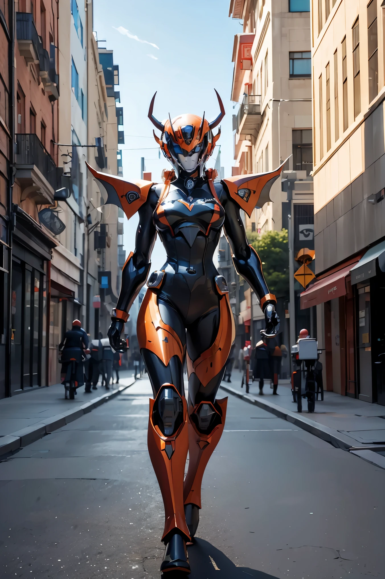 (Dieu Démon Mecha, Rendu 3D), fond ville rue centre, clair HD, Résolution 8k, très détaillé, peinture numérique, art conceptuel, À la manière de Shinkai Makoto, Populaire Populaireularization trend, Populaire, Populaire trend on pixiv.