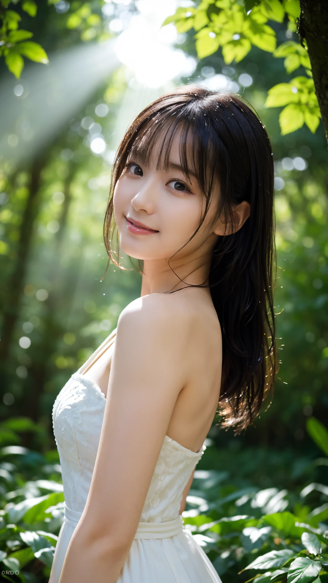 (highest quality,masterpiece:1.3,Ultra-high resolution),(Super detailed,Caustics,8k), (Photorealistic:1.4, RAW shooting),(in the forest),(A shower of light pours down),(Sunlight filtering through the trees),18-year-old,cute,Are standing,(smile),looking at the camera,Long black hair,Pure white long dress, Bust up shot,Natural light
