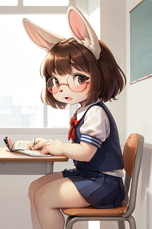 left side view , focus face , hairy bunny Short stature girl , (realistic hairy bunny fur:1.2) , round Mumps face , (tilt face:1.2) , half-open eyes , Unsophisticated loose geek , round eyes , Swollen cheeks , shy , glossy lips , eyewear , in the school , Class is in progress , school sailor , sit on chair , Look down , (hide mouth by notebook)