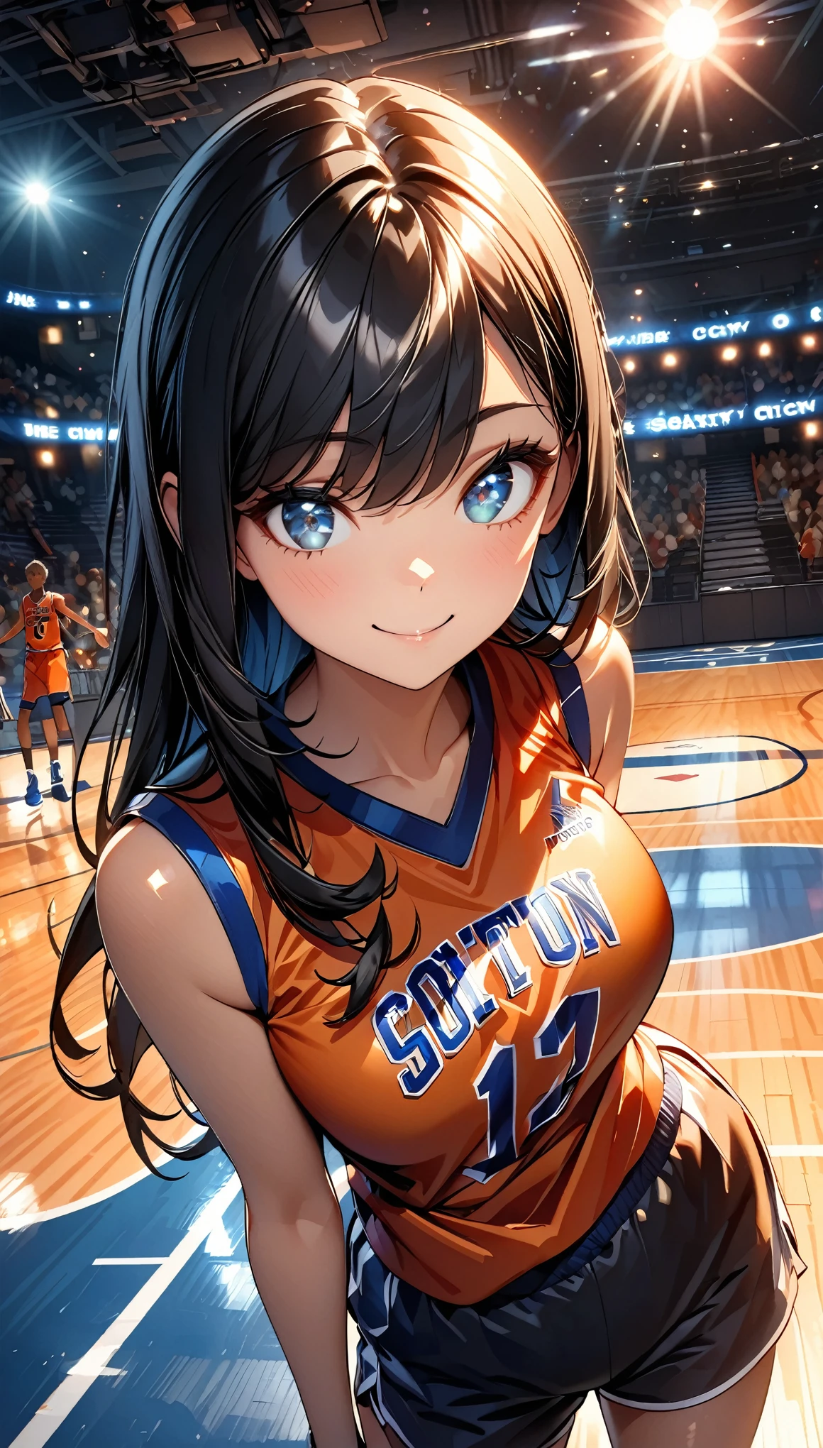 (highest quality:1.2, Very detailed, up to date, Vibrant, Ultra-high resolution, High Contrast, masterpiece:1.2, highest quality, Best aesthetics), (((1 girl))), Beautiful woman, (smile), Photon Mapping, Radio City, Physically Based Rendering, Cinema Lighting, Basketball court,Depth of written boundary, Sharp focus,Sunbeam, Good composition, (Bokeh:1.2), Moist eyes, Detailed eyes, Random Pause, Tight waist, Basketball Uniforms, Shorts, Black Hair, Shiny straight hair, Long hair blowing in the wind,