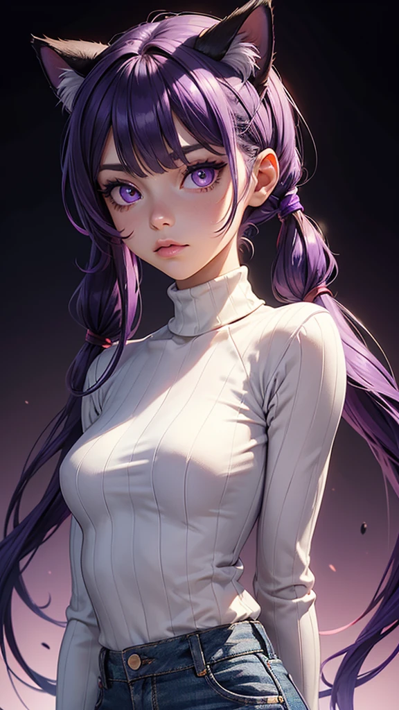 (high resolution, upper body, soft skin:1.2),(best illustration,masterpiece:1.2),ultra-detailed,[(purple eyes, purple makeup cat ears , purple inside:1.2, twin tail),vivid colors,sharp focus,portrait,studio lighting,bokeh, wearing a white turtleneck shirt, black denim pants, spotlight background 