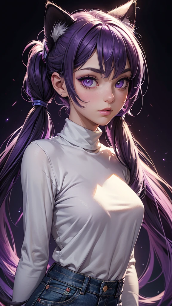 (high resolution, upper body, soft skin:1.2),(best illustration,masterpiece:1.2),ultra-detailed,[(purple eyes, purple makeup cat ears , purple inside:1.2, twin tail),vivid colors,sharp focus,portrait,studio lighting,bokeh, wearing a white turtleneck shirt, black denim pants, spotlight background 