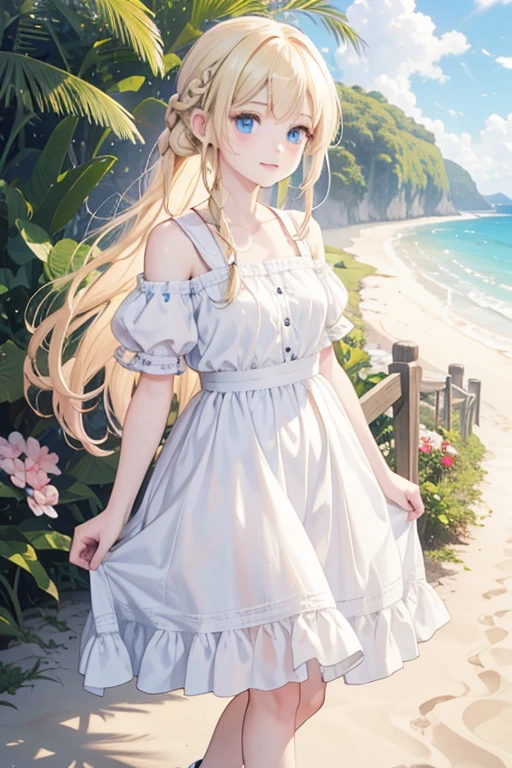 masterpiece, highest quality, High resolution, 1 8-year-old girl、blue eyes、
Blonde、Braid、White dress、Stroll along the sandy beach
