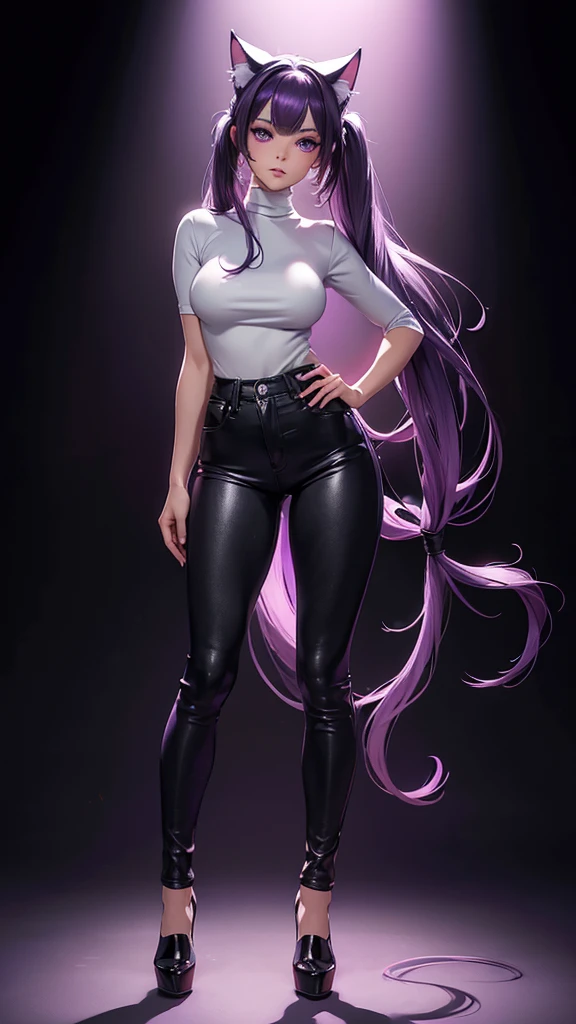 (high resolution, full body, soft skin:1.2),(best illustration,masterpiece:1.2),ultra-detailed,[(purple eyes, purple makeup cat ears , purple inside:1.2, twin tail),vivid colors,sharp focus,portrait,studio lighting,bokeh, wearing a white turtleneck shirt, black denim pants, spotlight background, hands on hips 