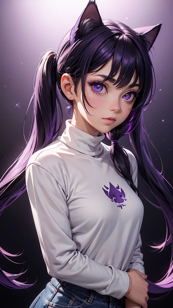 (high resolution, upper body, soft skin:1.2),(best illustration,masterpiece:1.2),ultra-detailed,[(purple eyes, purple makeup cat ears , purple inside:1.2, twin tail),vivid colors,sharp focus,portrait,studio lighting,bokeh, wearing a white turtleneck shirt, black denim pants, spotlight background, arms behind back 