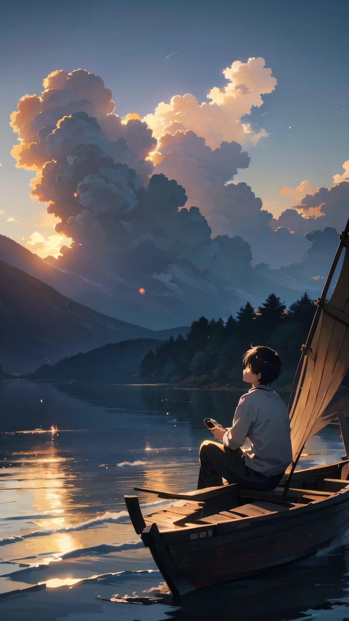 A peaceful anime scene depicting a man seated on a rustic wooden rowboat, his posture relaxed as he leans back against the hull, soaking in the last rays of sunlight before nightfall descends over the tranquil seas, anime, anime landscape wallpaper, anime atmospheric, anime wallaper, anime landscape, anime scenery, makoto shinkai and (cain kuga), anime nature wallpap, hd anime wallpaper, anime art wallpaper 4k, ultra hd anime wallpaper, anime art