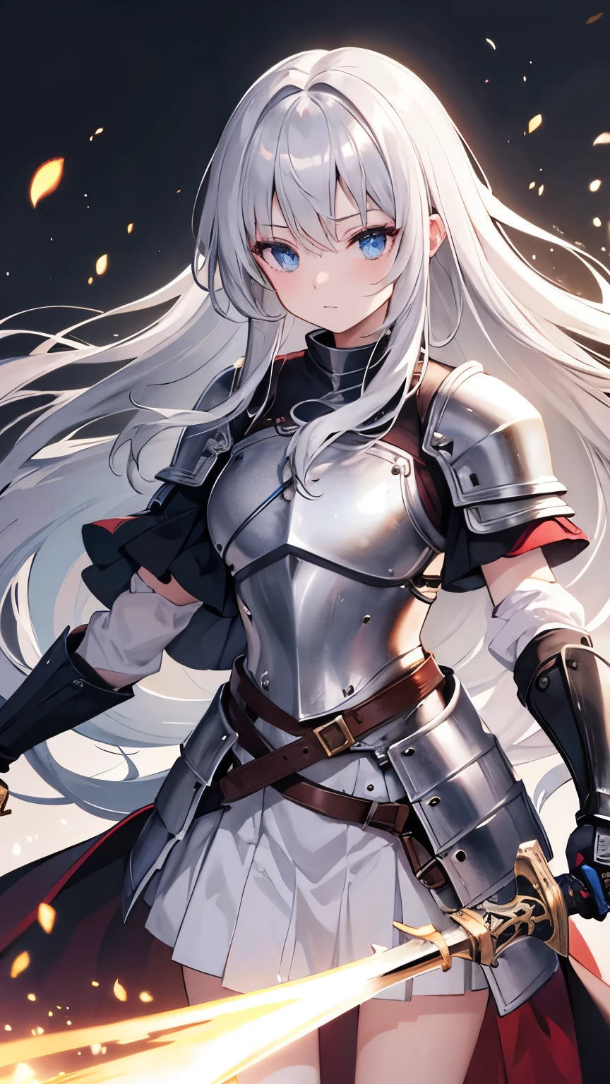 blonde hair, hair behind ear, long hair, floating hair, bloodshot eyes, cinematic lighting, bust chart, retina, (high quality), ccurate, ((best quality)), perfect detail, 16k, medieval knight, (silver gloves, silver armor:1.3), (great sword), dust flying,