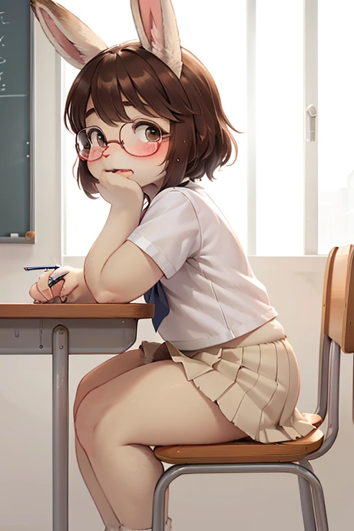 left side view , focus face , hairy bunny Short stature girl , (realistic hairy bunny fur:1.2) , round Mumps face , (tilt face:1.2) , half-open eyes , Unsophisticated geek , round eyes , Swollen cheeks , shy , glossy lips , eyewear , in the school , Class is in progress , school sailor , skirt , sit on chair , Look down , (Put Palm over mouth)