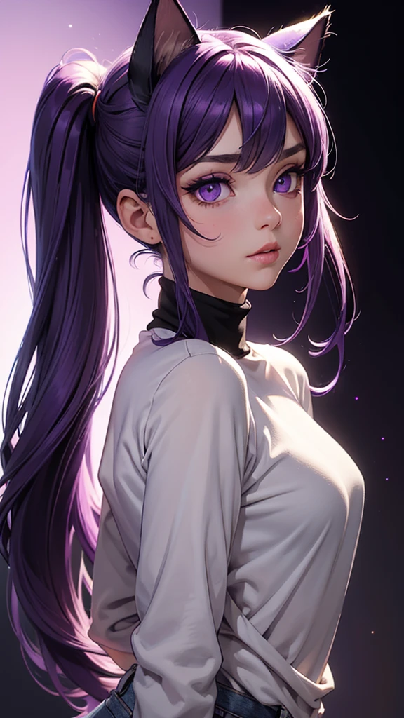 (high resolution, upper body, soft skin:1.2),(best illustration,masterpiece:1.2),ultra-detailed,[(purple eyes, purple makeup cat ears , purple inside:1.2, twin tail),vivid colors,sharp focus,portrait,studio lighting,bokeh, wearing a white turtleneck shirt, black denim pants, spotlight background, arms behind back, back turned 