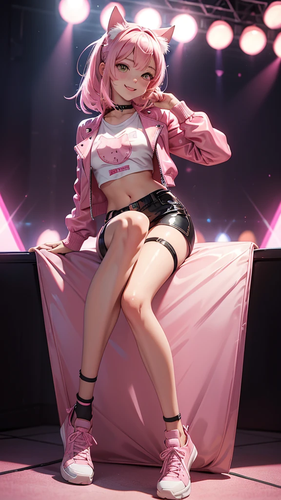 (high resolution, full body, soft skin:1.2),(best illustration,masterpiece:1.2),ultra-detailed,[(cat ears ,pink inside:1.2),vivid colors,sharp focus,portrait,studio lighting,bokeh, wearing a anime shirt, pink leather jacket, pink latex mini shorts, smiling, rock concert background, sitting 