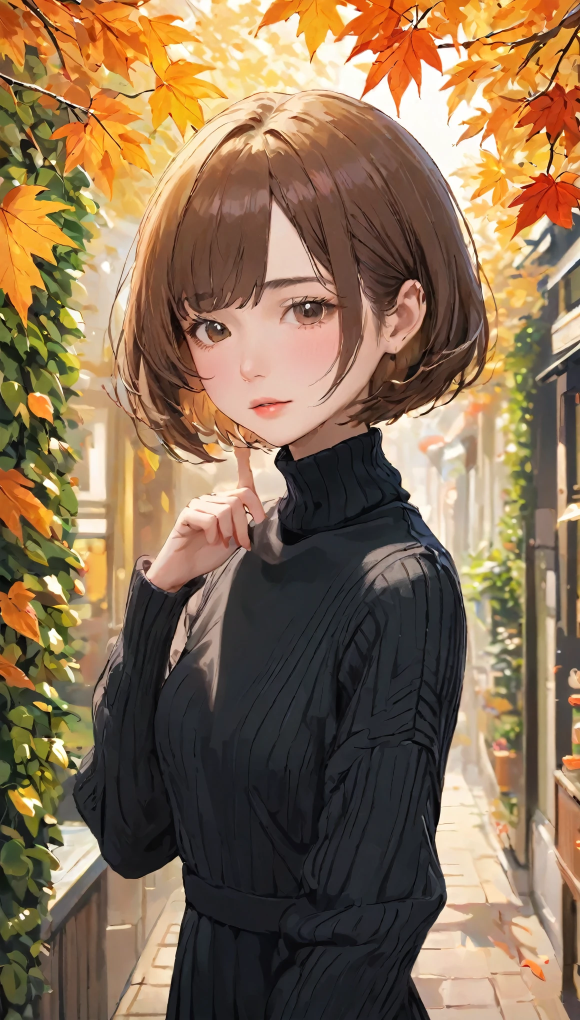 One Girl、Brunette Hair、Supermodel with a perfect body、Short Bob、wear（black turtleneck sweater dress）、Malaise、Detailed body with a feminine fit、Detailed skin and facial skin、Depth of written border、Skin Details、Cafe daylight、but、garden、butn leaves、RAW Photos、highest quality、Best image quality、Ultra-high resolution、masterpiece:1.3、８ｋ