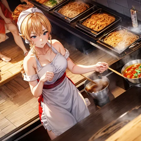 A blonde woman with a towel wrapped around her head boiling ramen at a ramen shop　Wearing an apron