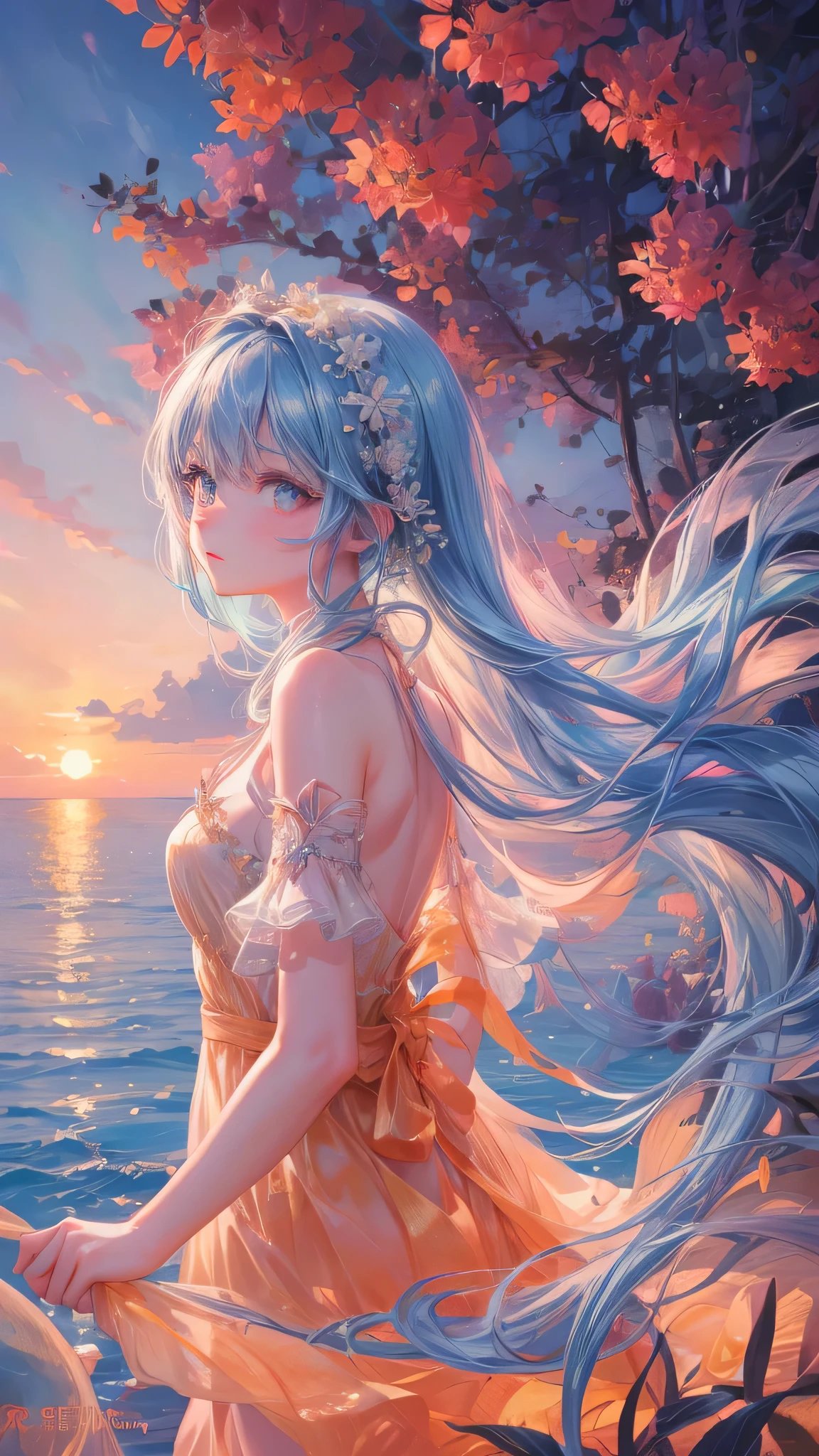 flat chest,masterpiece, best quality, extremely detailed, (illustration, official art:1.1), 1 girl ,(((( light blue long hair)))), light blue hair, , blunt bangs,, long hair ((blush)) , cute face, big eyes, masterpiece, best quality,(((((a very delicate and beautiful girl))))), small Girl,Amazing,beautiful detailed eyes,blunt bangs((((little delicate girl)))),tareme,(true beautiful:1.2), ,,masterpiece、best pictures、illustration、detaigami dragon, , sunset, beach, 8k, vibrant, clear image, 8k resolution, beautiful detailed eyes, beautiful detailed lips, extremely detailed eyes and face, long eyelashes, girl in an adorable dress, enjoying the gentle breeze, surrounded by soft sand, palm trees in the background, golden sun reflecting on the calm sea, warm shades of orange and pink filling the sky, masterpiece:1.2, ultra-detailed, realistic:1.37, HDR, UHD, studio lighting, ultra-fine painting, sharp focus, physically-based rendering, professional, vivid colors, bokeh
