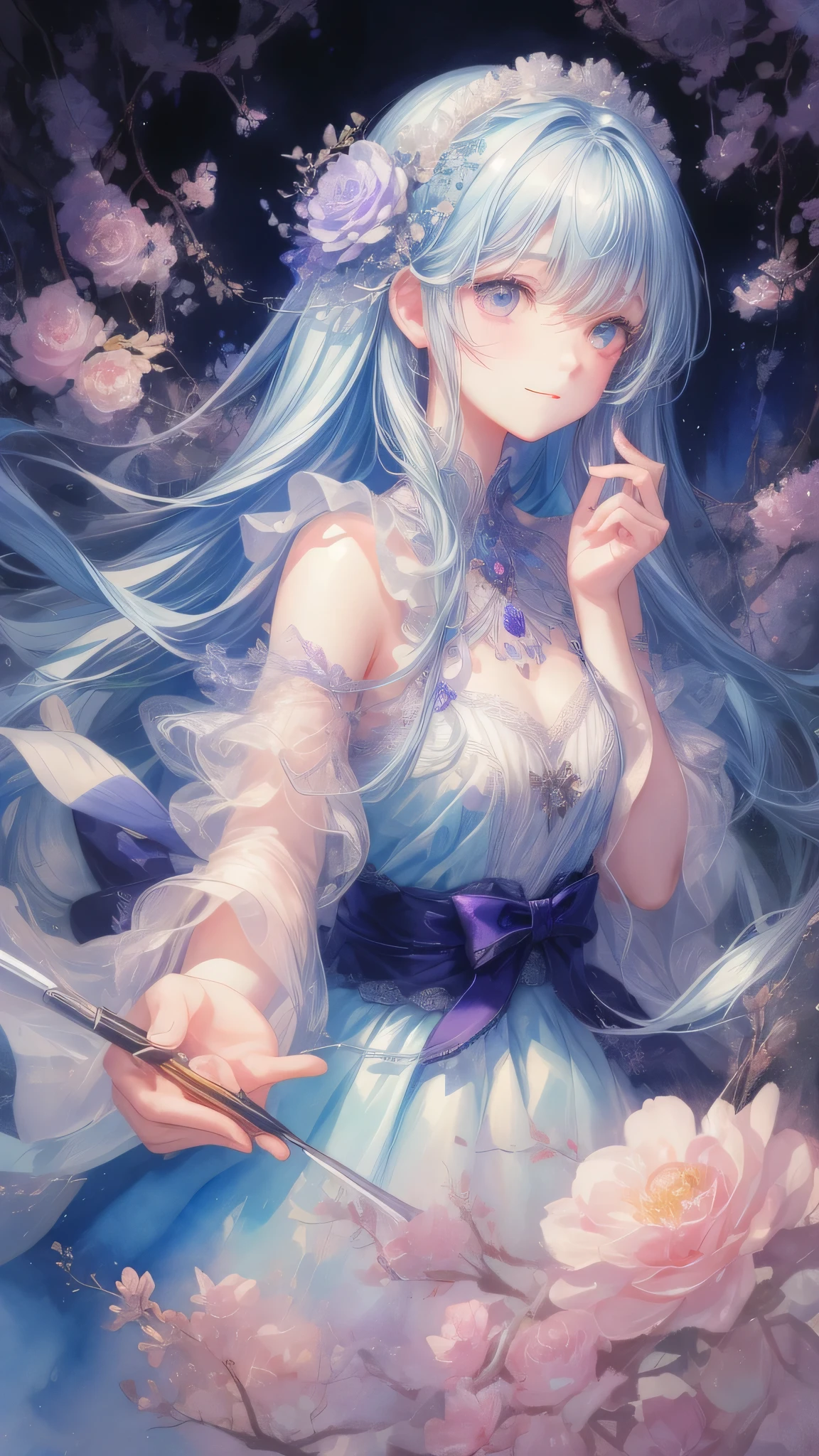 flat chest,masterpiece, best quality, extremely detailed, (illustration, official art:1.1), 1 girl ,(((( light blue long hair)))), light blue hair, , blunt bangs,, long hair ((blush)) , cute face, big eyes, masterpiece, best quality,(((((a very delicate and beautiful girl))))), small Girl,Amazing,beautiful detailed eyes,blunt bangs((((little delicate girl)))),tareme,(true beautiful:1.2), ,,masterpiece、best pictures、illustration、detail、(watercolor painting:1.4)、(Hand Painted:1.2)、(Watercolor brush bristles)、 ​Masterpiece: 1.7, top quality、solo、Show your back、ish、sketch、paper texture、ultra high resolution、extra detaild face、Highly detaild eyes、flat color、limited pallet、high contrast、realistic、best lighting、welcome、beautiful、、、beautiful woman、purple jewel eye, 、straight long hair、sexy long bangs,blue gemstone、a little smile、Blanche:1.5、(Zentangle、mandala、dispute、twist:1)、flowers in background、many flowers,upper body