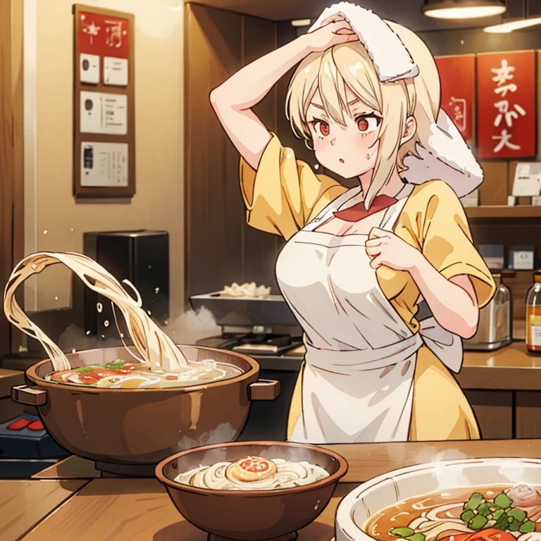 A blonde woman with a towel wrapped around her head boiling ramen at a ramen shop　Wearing an apron