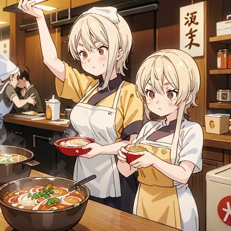 A blonde woman with a towel wrapped around her head boiling ramen at a ramen shop　Wearing an apron