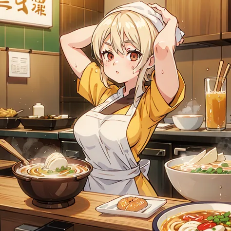 A blonde woman with a towel wrapped around her head boiling ramen at a ramen shop　Wearing an apron