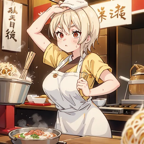 A blonde woman with a towel wrapped around her head boiling ramen at a ramen shop　Wearing an apron