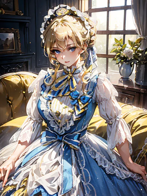 mature, adult woman in her 40s with victorian appearance, yellow dress the dress is yellow, blonde hair tied up in a bun, blue e...