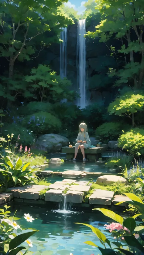 imagine an anime illustration of a person meditating in a tranquil garden, surrounded by lush greenery and blooming flowers.