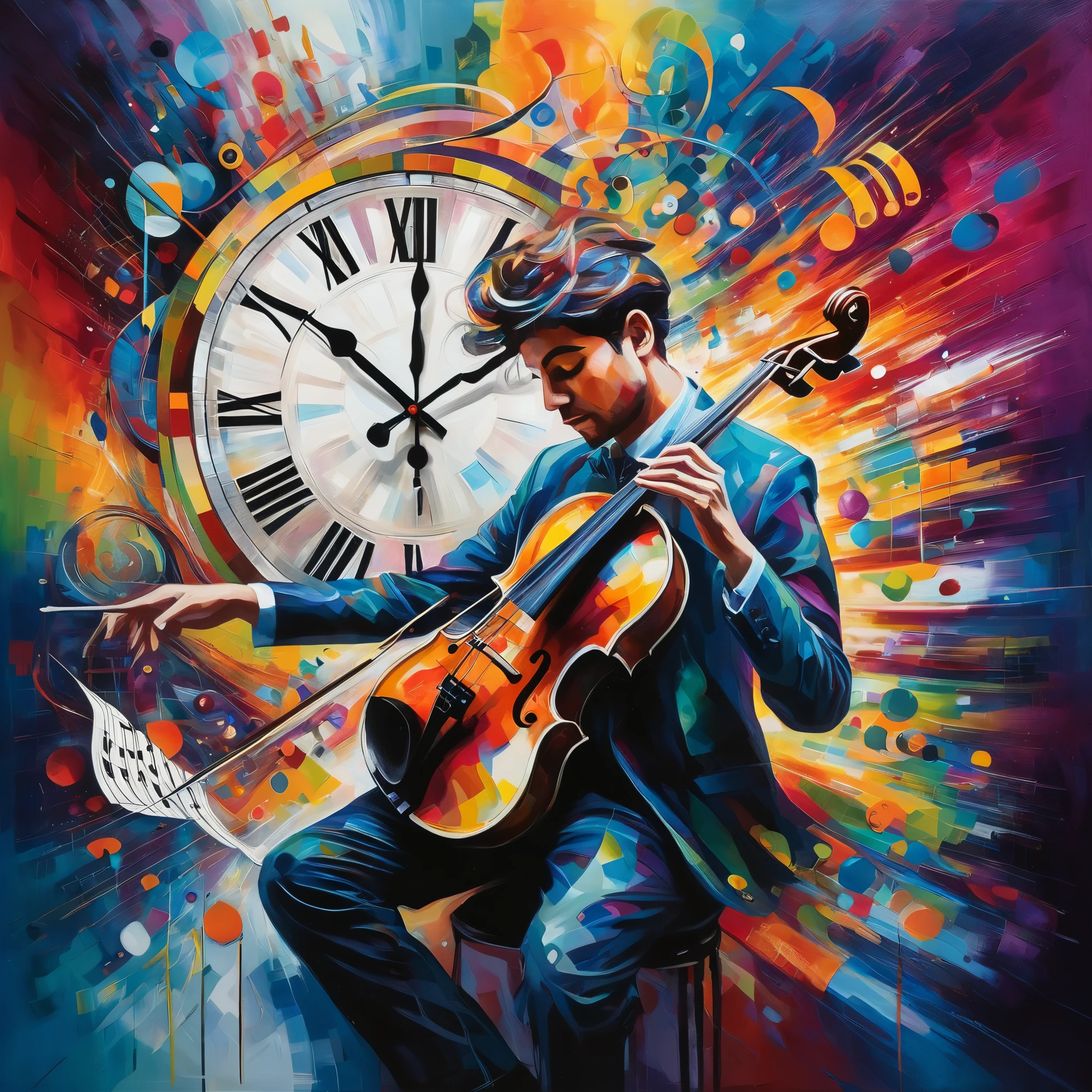 Un dynamique, Peinture de style fauviste représentant un musicien perdu dans l&#39;instant, avec des couleurs tourbillonnantes et des cadrans d&#39;horloge abstraits se fondant dans les notes de musique émanant de leur instrument. L&#39;œuvre d&#39;art représente le pouvoir de l&#39;art de transcender le temps.