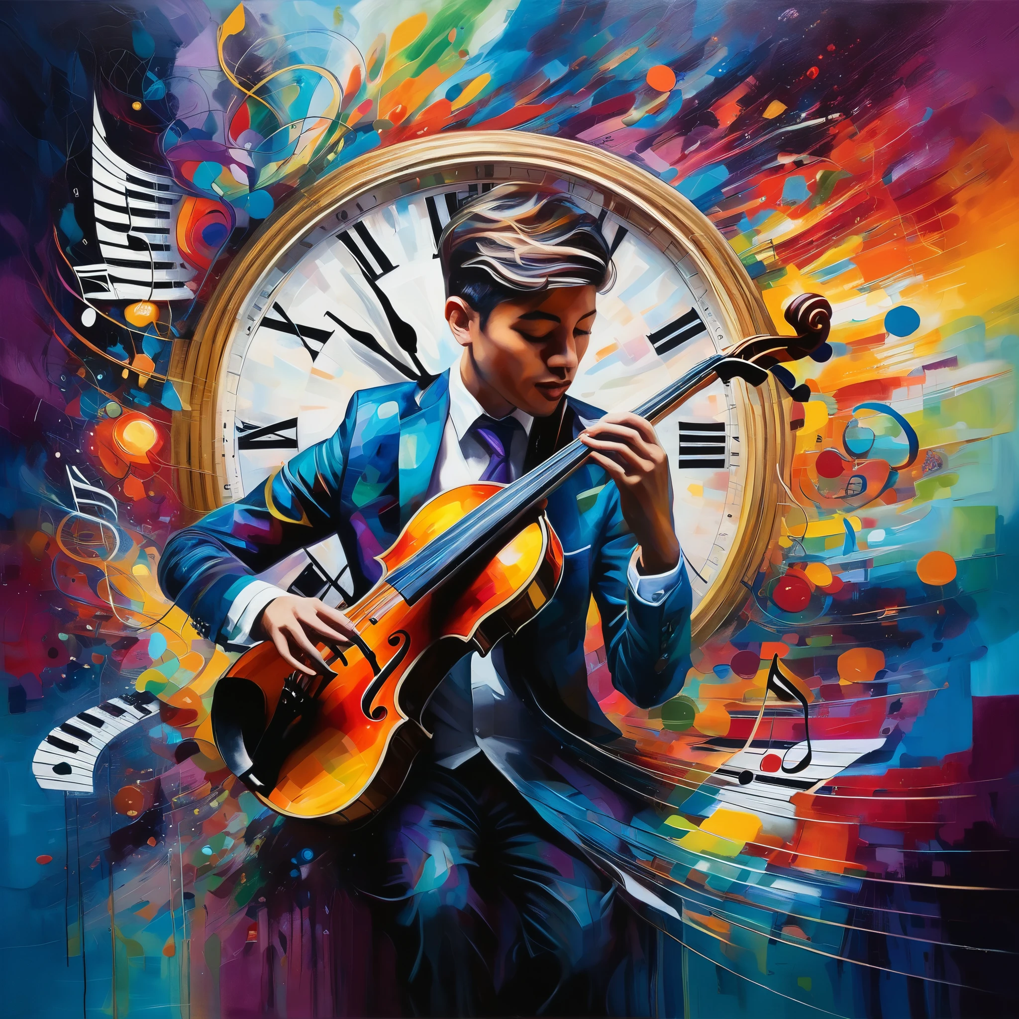 Un dynamique, Peinture de style fauviste représentant un musicien perdu dans l&#39;instant, avec des couleurs tourbillonnantes et des cadrans d&#39;horloge abstraits se fondant dans les notes de musique émanant de leur instrument. L&#39;œuvre d&#39;art représente le pouvoir de l&#39;art de transcender le temps.