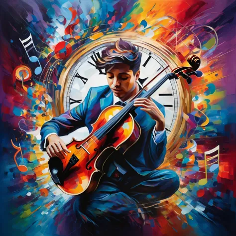 a vibrant, fauvist-style painting of a musician lost in the moment, with swirling colors and abstract clock faces blending into ...