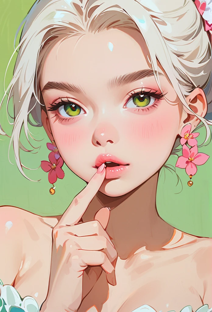 (masterpiece, best quality:1.2), 1 girl, alone，anime style，wwhite hair, Princess dress，Shoulder，Girl with pink lips and light floral earrings puts finger on mouth，dark green background
