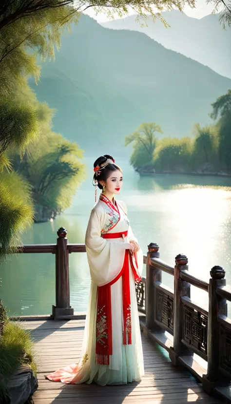 oriental beauty，photopractical,practical,masterpiece,best quality,4k,， a girl standing on the bridge near the lake, wear new chi...