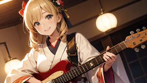 Beautiful girl playing guitar in kimono、With a smile