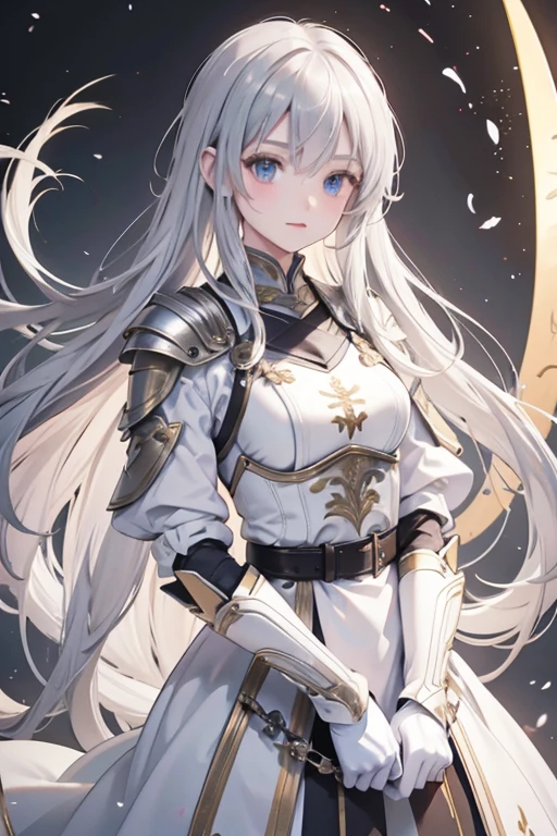 blonde hair, hair behind ear, long hair, floating hair, bloodshot eyes, cinematic lighting, bust chart, retina, (high quality), ccurate, ((best quality)), perfect detail, 16k, medieval knight, (silver gloves, silver armor:1.3), (great sword), dust flying,