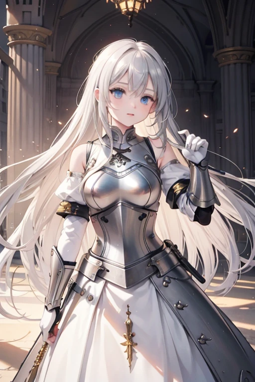 blonde hair, hair behind ear, long hair, floating hair, bloodshot eyes, cinematic lighting, bust chart, retina, (high quality), ccurate, ((best quality)), perfect detail, 16k, medieval knight, (silver gloves, silver armor:1.3), (great sword), dust flying,