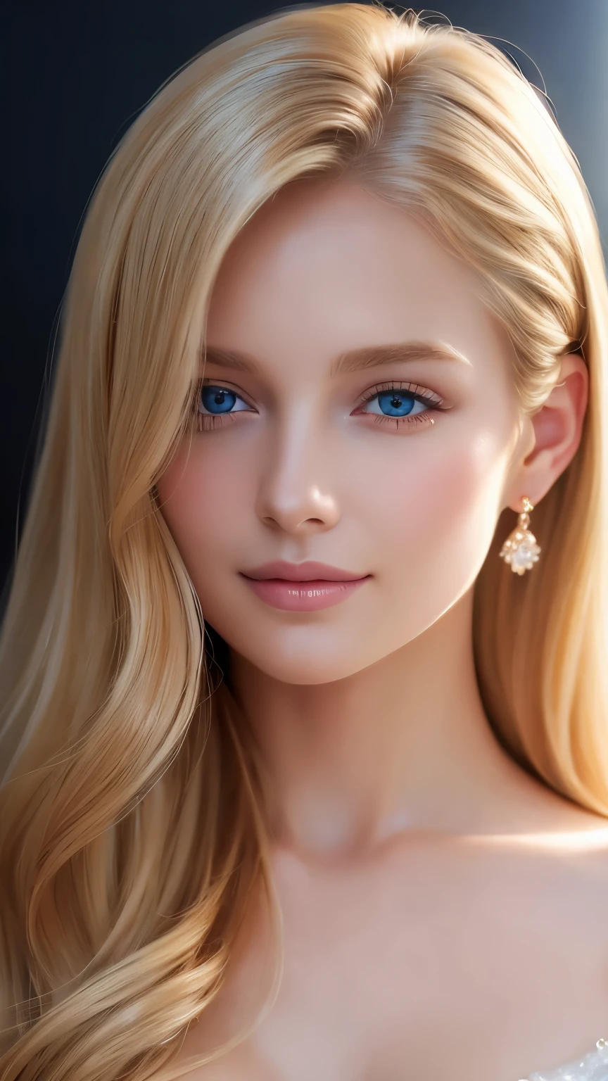 Soft portrait of a beautiful blonde woman, flowing golden hair, Captivating blue eyes, Delicate features, A radiant smile, Natural Makeup, wear elegantly, Gentle expression, A faint blush, Warm skin tones, Fantastic lighting, Soft Shadows, High resolution digital painting, Realistic Style, Artistic interpretation, By a skilled portrait painter.