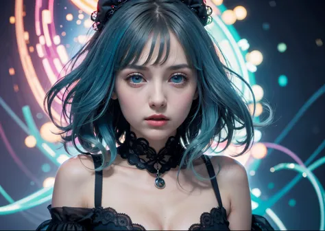 Psychedelic world、Gothic Fashion、1 cute girl、Big eyes、Small breasts、Light blue hair、Colorful gel background、Fractal Background、P...