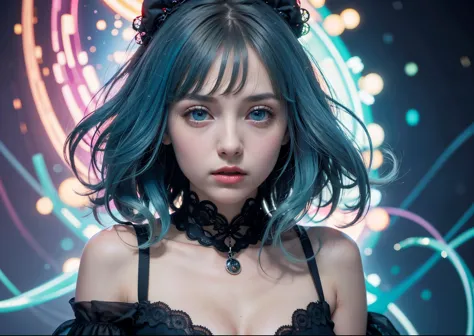 psychedelic world、gothic fashion、1 cute girl、big eyes、small breasts、light blue hair、colorful gel background、fractal background、p...